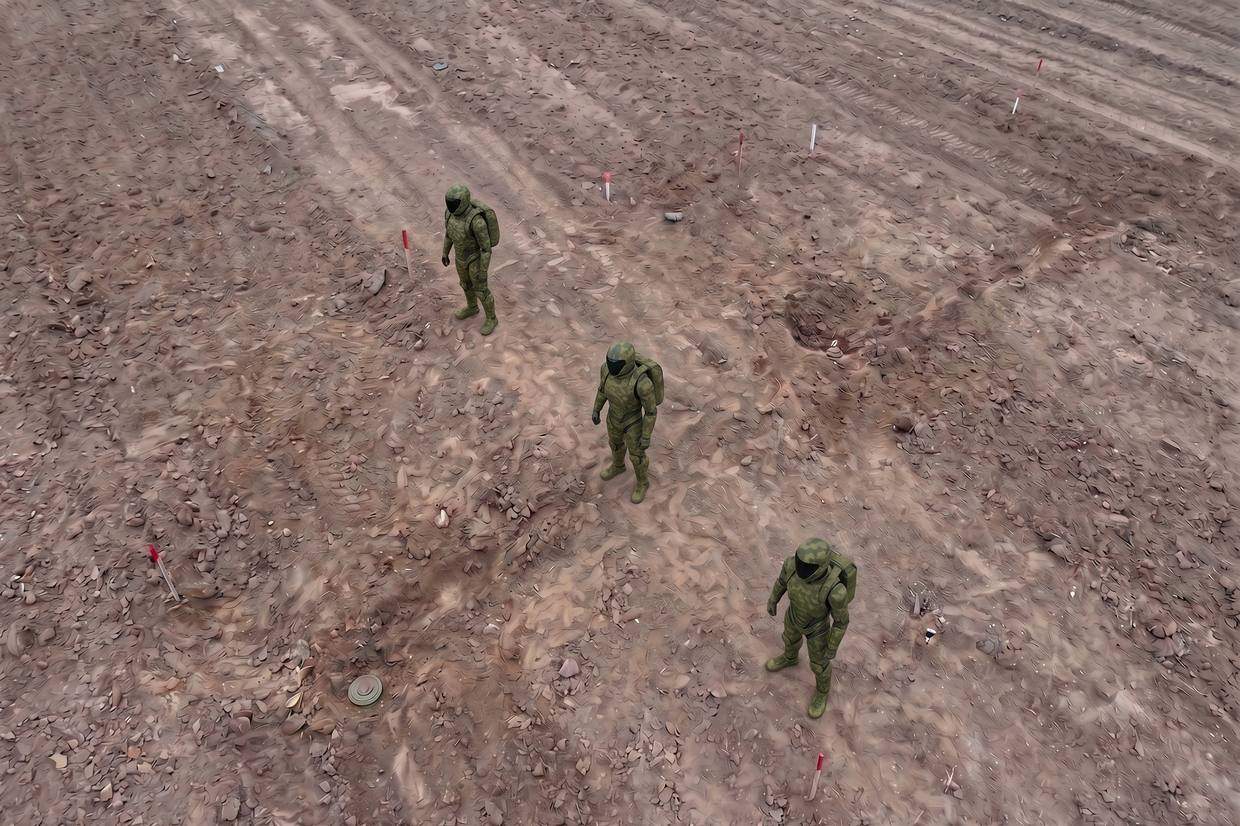Three robots spaced across a marked minefield, seen from above