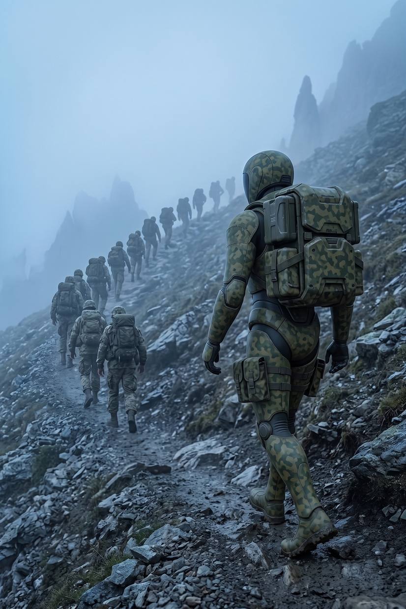 The robot carrying modular cases up a mountain trail behind a column of soldiers