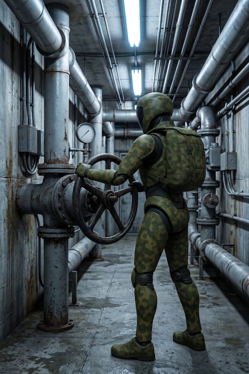 The robot closing a valve wheel in an industrial pipe gallery